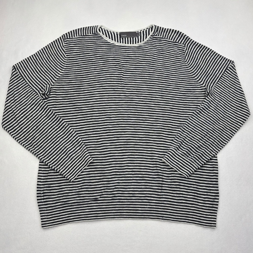 Vince Sweater Womens Large Navy Blue Striped Cotton Knit Drop Shoulder Pullover